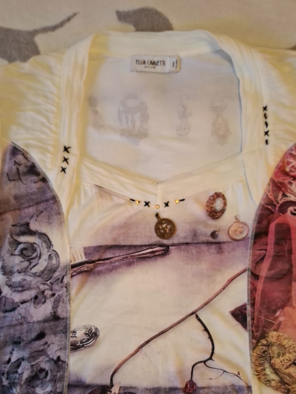 Elisa Cavaletti White Graphic Short Sleeve Tee with Purple & Pink Accents